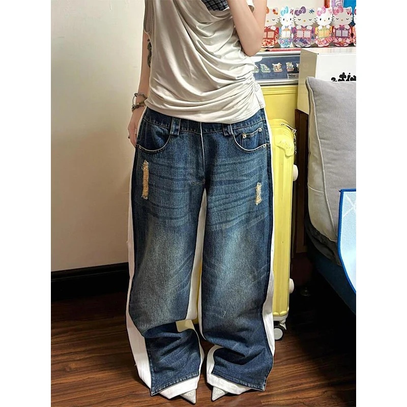 Pantalones vaqueros holgados góticos azules Y2k para mujer, pantalones vaqueros Vintage Harajuku, estilo japonés de los años 2000, pantalones vaqueros con cuchillo doblado Grunge, ropa 2025