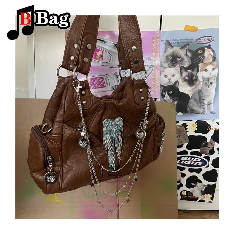 Brown casual pu bag Spice Girl Versatile Harajuku tote Gothic punk woman one shoulder cross body handbag