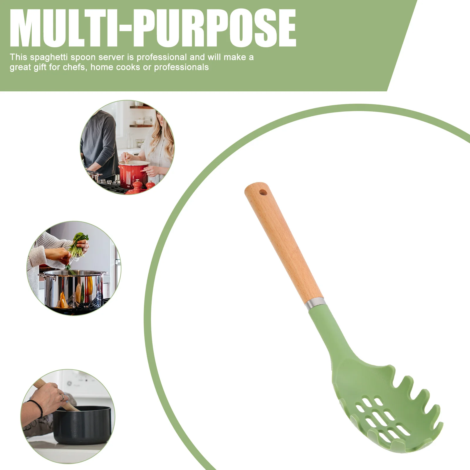 

Silicone Spaghetti Spoon Server with Wood Handle Stainless Steel Pasta Fork Spoon Kitchen Cooking Tools Pasta Serving Utensil