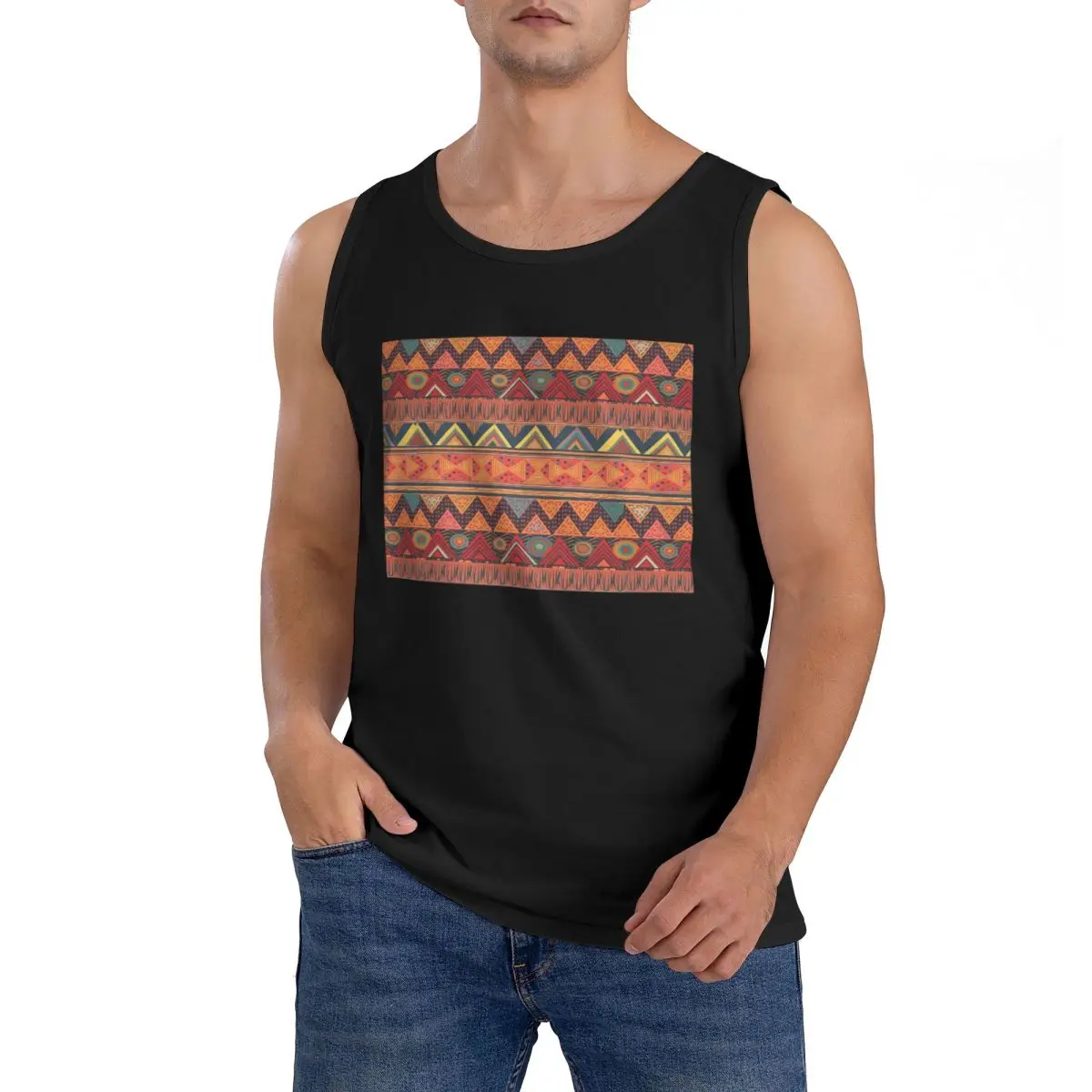 100% Cotton Tribal Ethnic (earth Colors) Sleeveless T-Shirt Men Workout Sports Clothing Tops Men's Crew Neck Vest