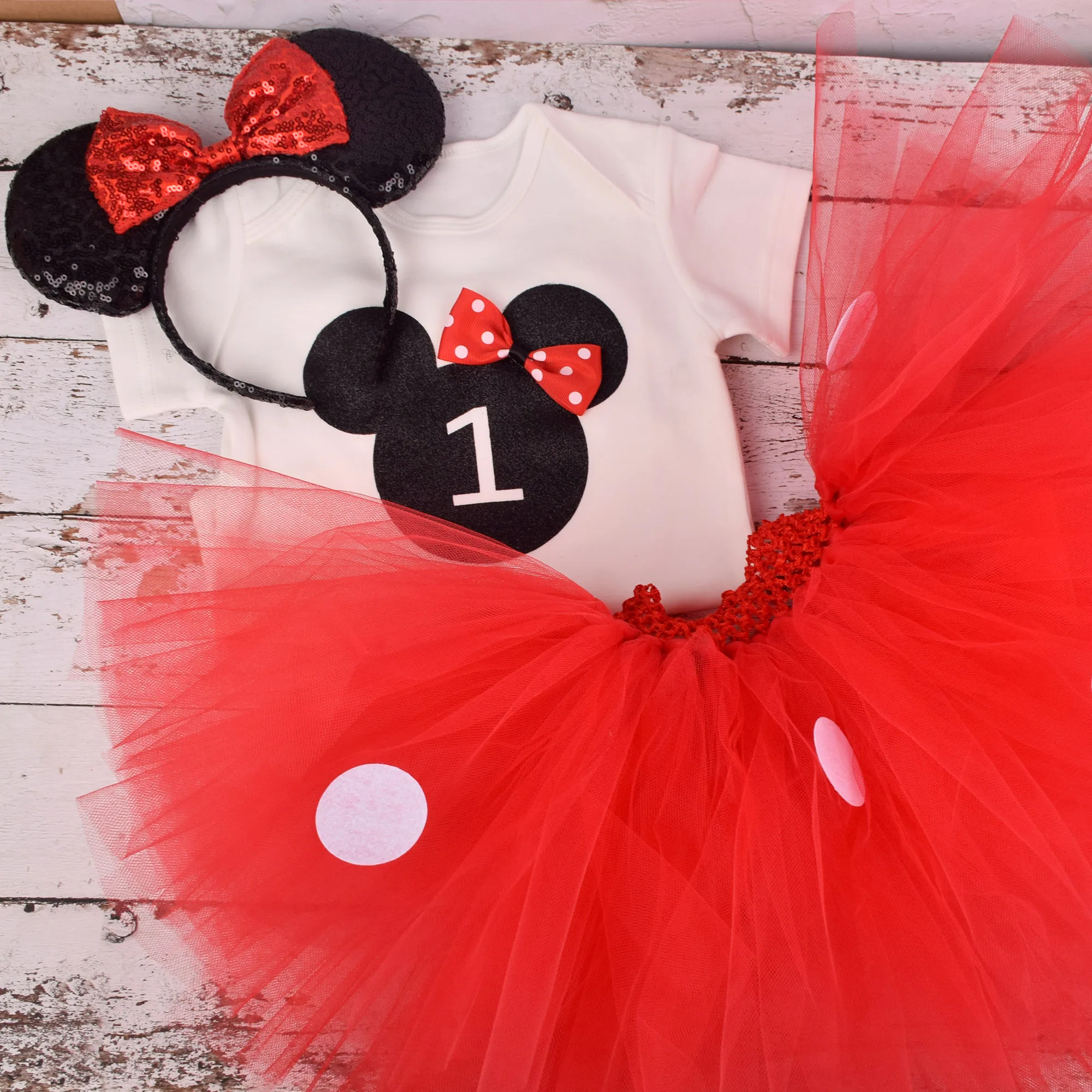 Baby Girl Red Mouse Birthday Tutu outfit Polka Dots 1st Birthday Party Tutu costume Baby Shower Tutu Skirt Onesies Headband Set