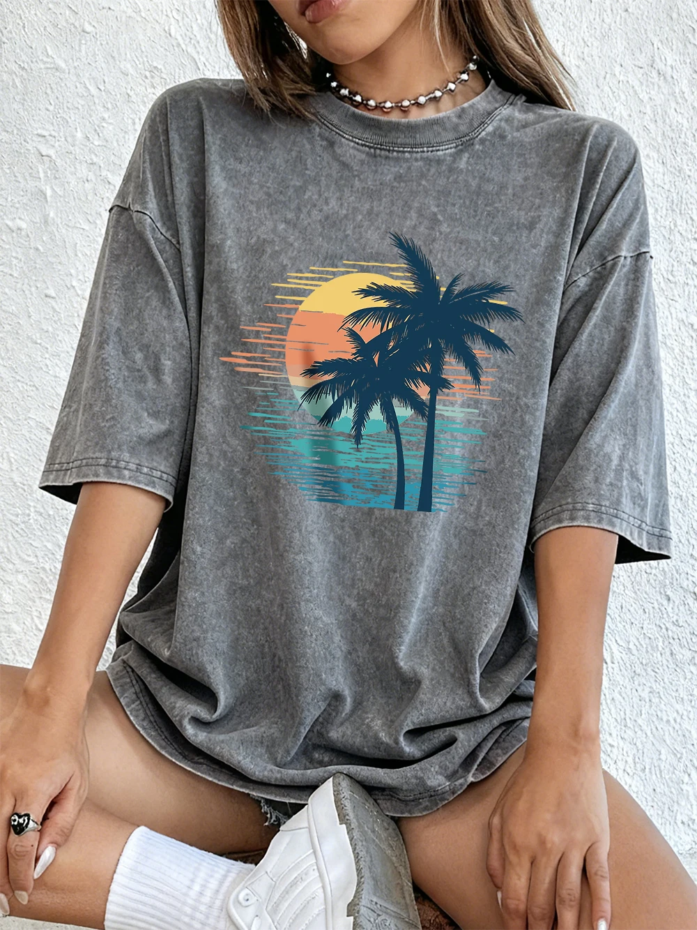 Sonnenuntergang Kokospalmen-Szene Baumwoll-Washed-T-Shirts für Damen – Sommerliche Basic Oversized Oberteile, bequem, weich, Distressed, O-Neck Streetwear – Detail 9
