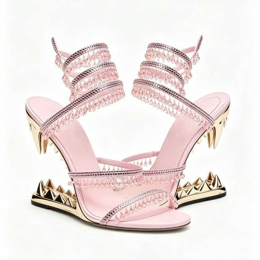 2026 Women Pink Crystal Tassel Wrap Ankle Sandals Open Toe Spike Wedge Heel Strange Shape Nightclub Party High Heels 43