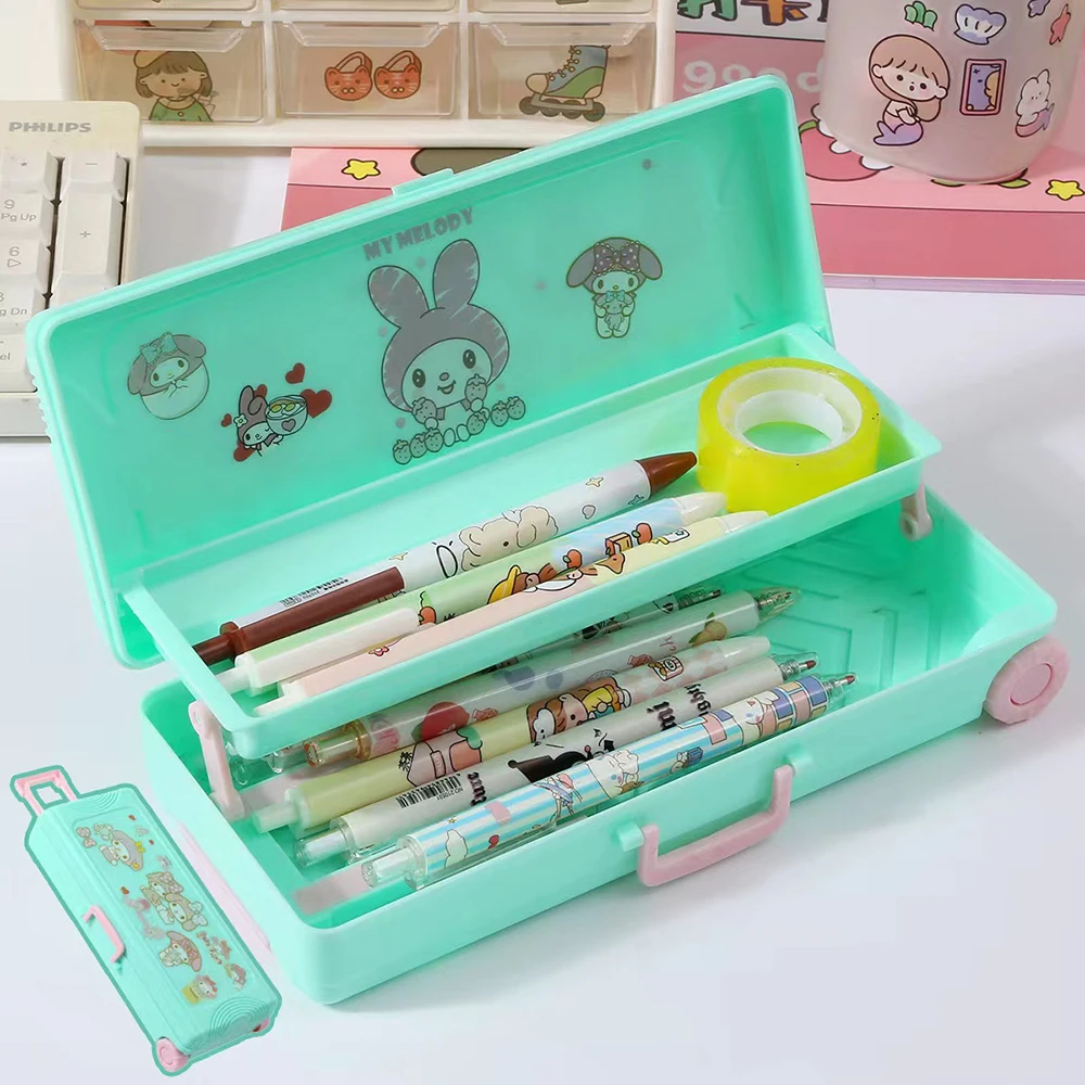 1PC Trolley Case Stationery Box Double-layer Large Capacity Plastic Multi-Function Pencil Box Suitable for School Pencil Boxes