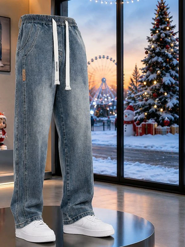 Men's Casual Straight Leg Jeans Wear Resistant Loose Fit Waist Denim Pants for Work Autumn Winter Versatile Loose Wide Leg