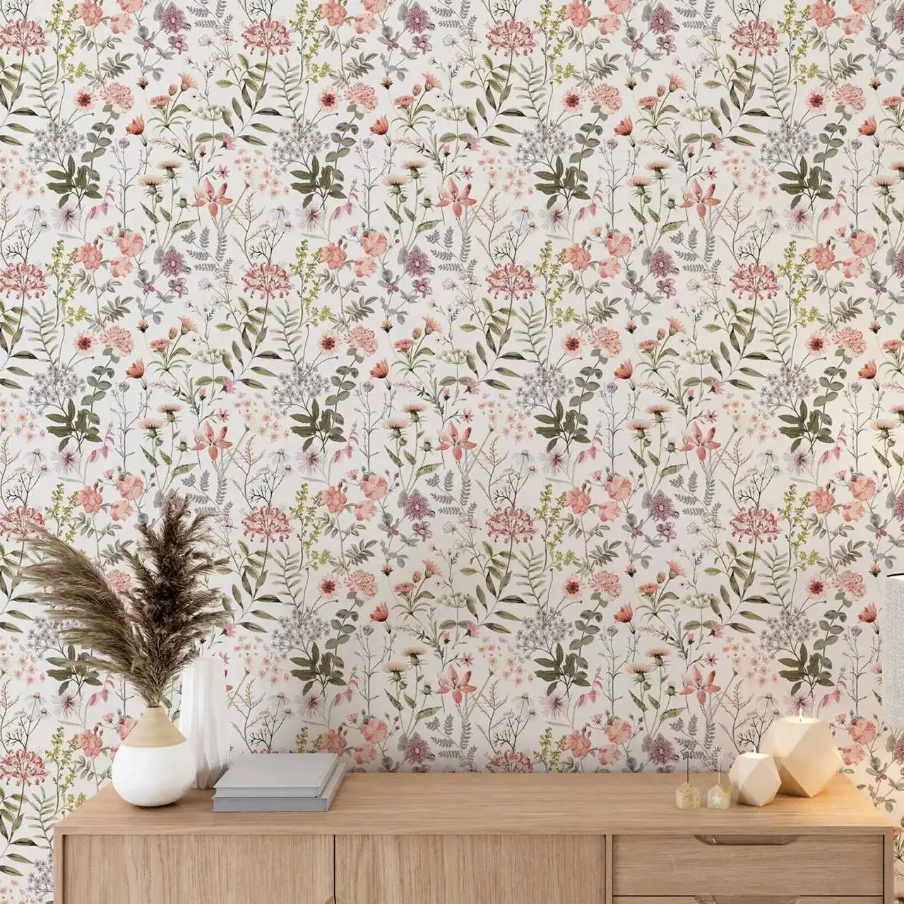 Wild Flowers and Herbs Wallpaper,Vintage Floral Wallpaper On Beige Background,Self-adhesive  Botanical Wallpaper - Non-woven