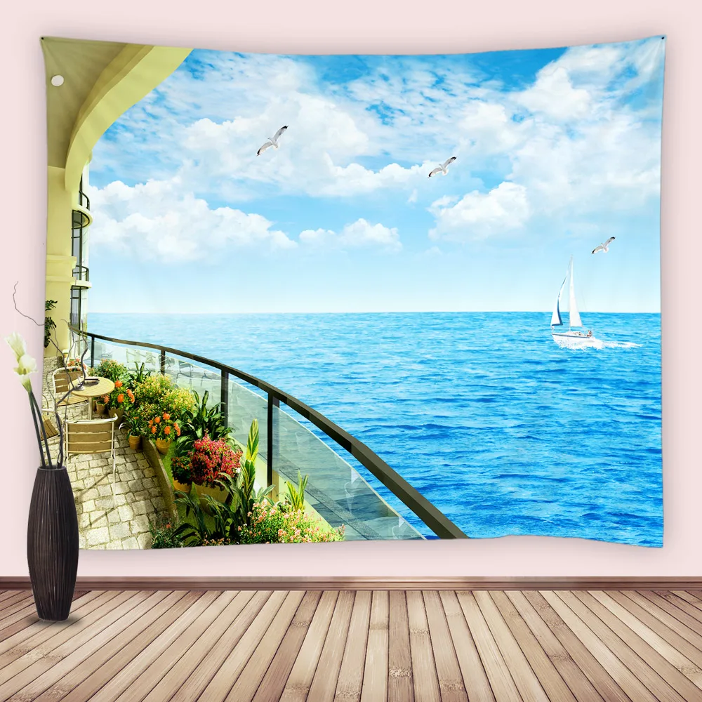 Ocean Seaside Landscape Tapestry Beach Tropical Nature Sailboat Balcony Green Plants Potted Wall Hanging Home Living Room Decor