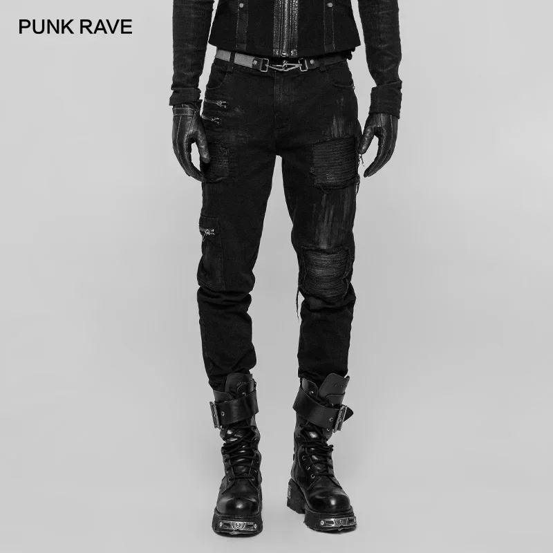 PUNK RAVE Men\'s Gothic Decadent Black Twill Trousers with Stitching Patches and Zip Features Punk Rock Men Pants Streetwear