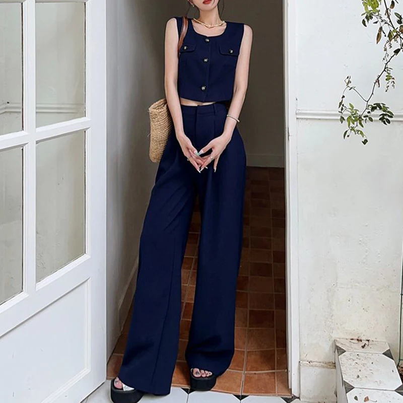 Two-piece female 2024 summer new Korean fashion sleeveless vest top+high waist straight wide-leg pants suit