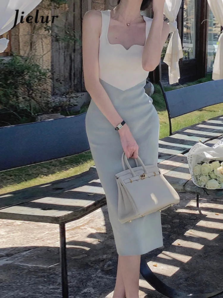 

Jielur Autumn New Sweet Ladies Elegant Knitted Dress Woman Slim French Contrast Color Dress Women Blue Black Casual Dresses