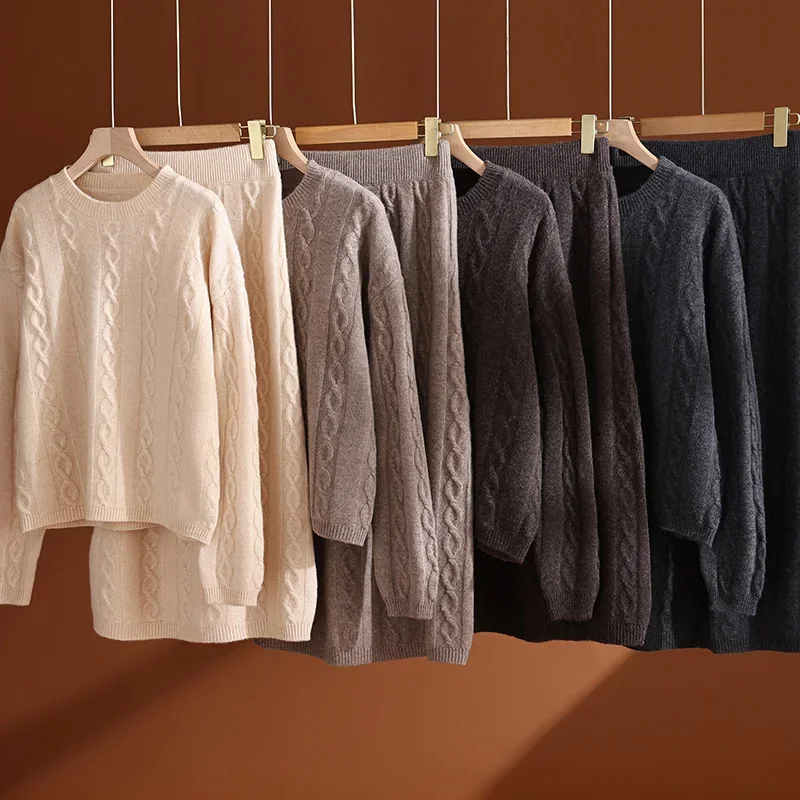 Tcyeek Women 100% Wool Cable O-neck Pullover Sweater Wool Knitted Skirt Autumn Winter Wool Sets Thick Soft Warm Knitwear