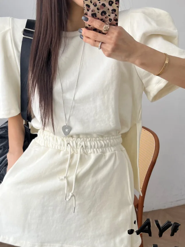 Conjunto de Falda y Suda Hoada con Mangas Abullonadas para Mujer, Cuello Redondo, Cintura Elástica con Cordón, Falda Me...