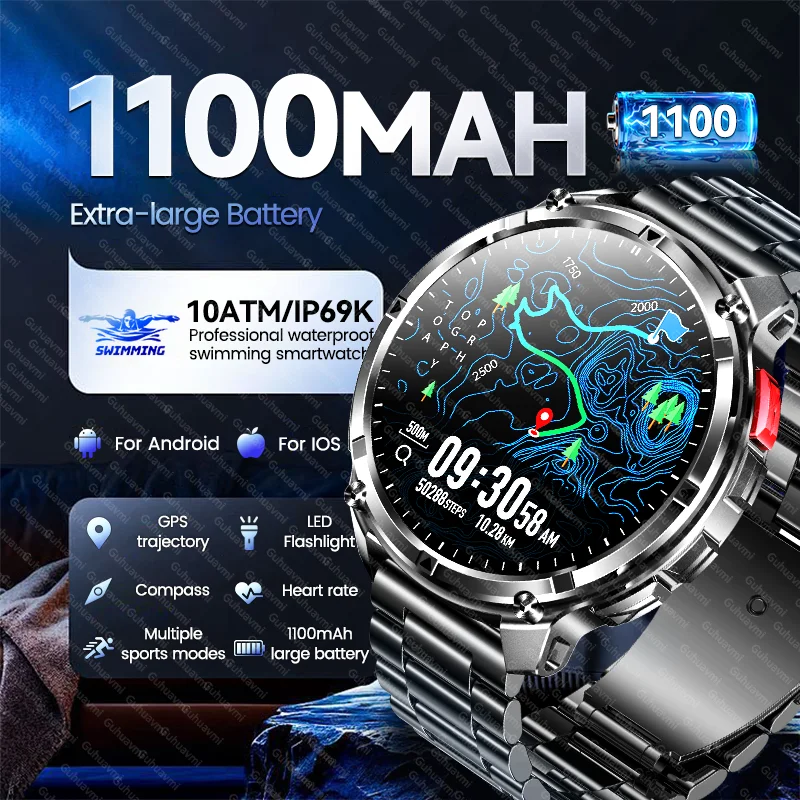 

New 1100 Ultra Strong Battery Life Smart Watch Men Military GPS Compass Heart Rate Bluetooth Call 10ATM Waterproof HD Smartwatch