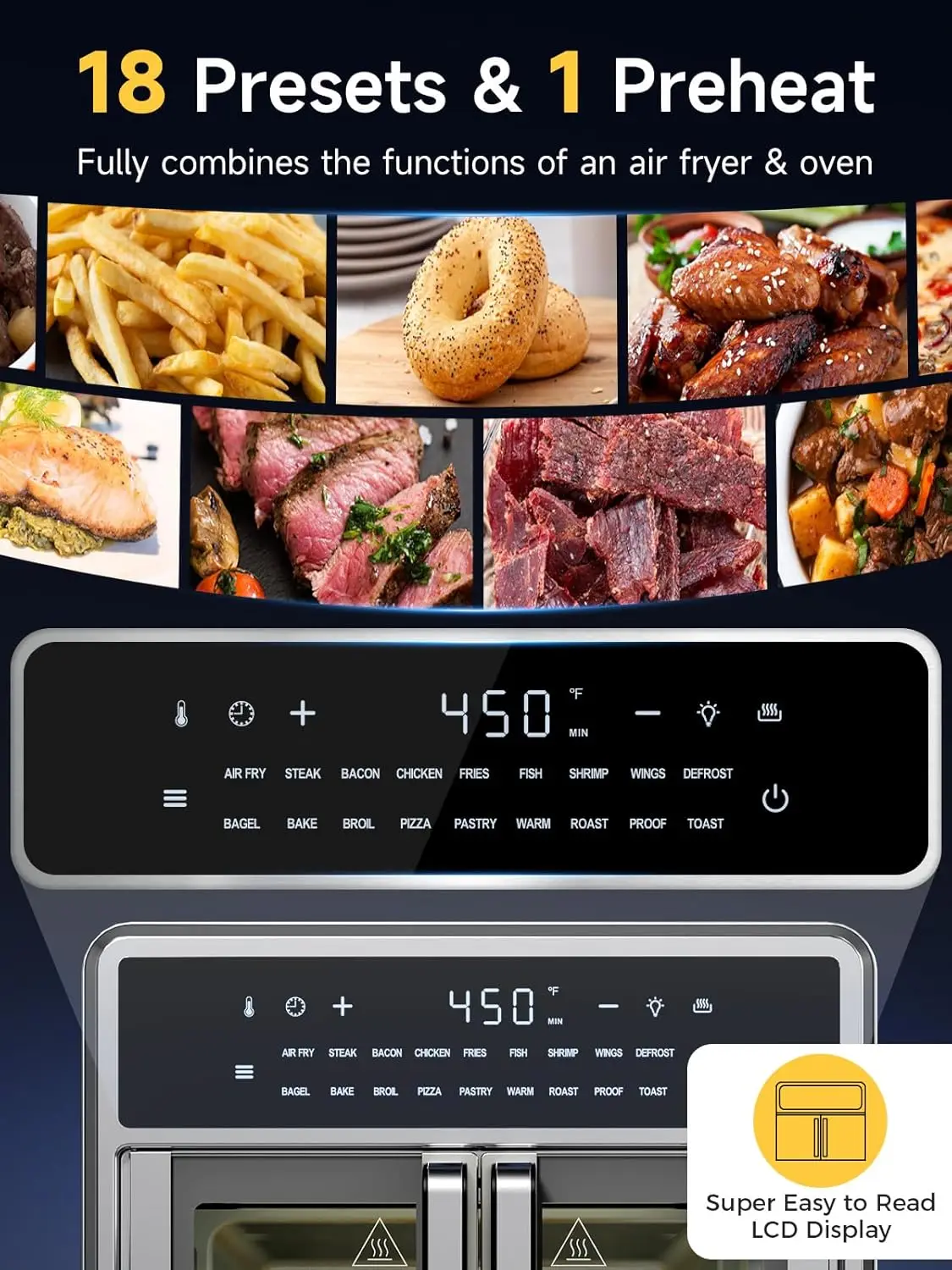 فرن باب فرنسي للمقلاة الهوائية، 15.8 كيو تي، 18 إعدادًا مسبقًا، من الفولاذ المقاوم للصدأ، مجموعة فرن محمصة مدمجة #4