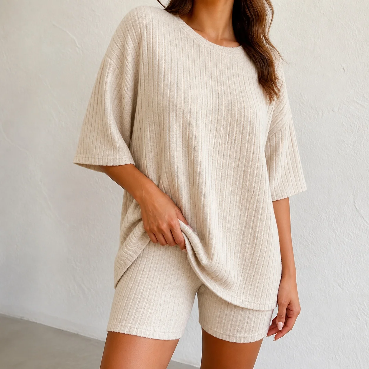 Women's Matching Sets 2 Piece Set Cotton Solid Macaron Color Loose Fit Round Neck Half Sleeve Top and Knee Length Shorts