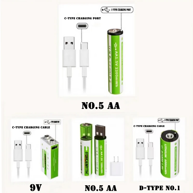 1.5V AA/D/LR20/9V batteria al litio ricaricabile di tipo C ricarica USB adatta per elettrodomestici, torcia elettrica