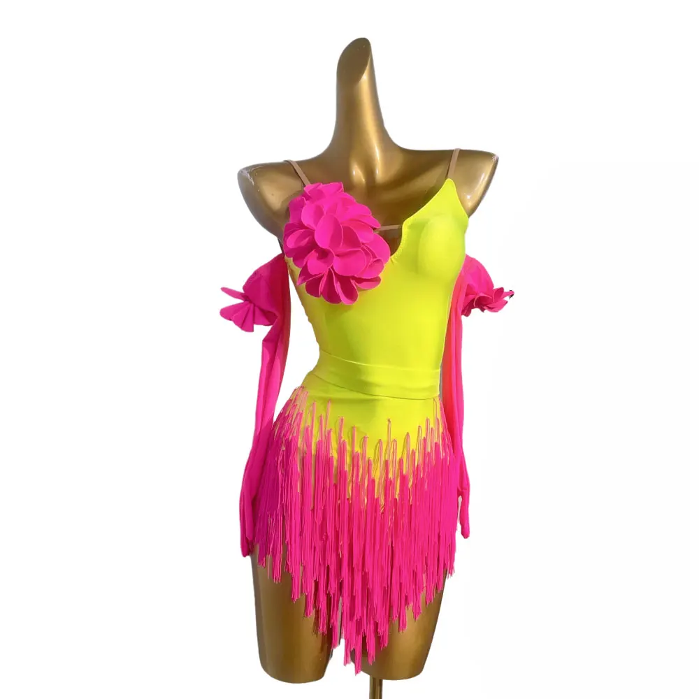 

Latin Dance Costume Rhinestone Women's Clothing High-end Custom Tassel Skirt Floral Ornaments Suspenders Samba Performance Dress