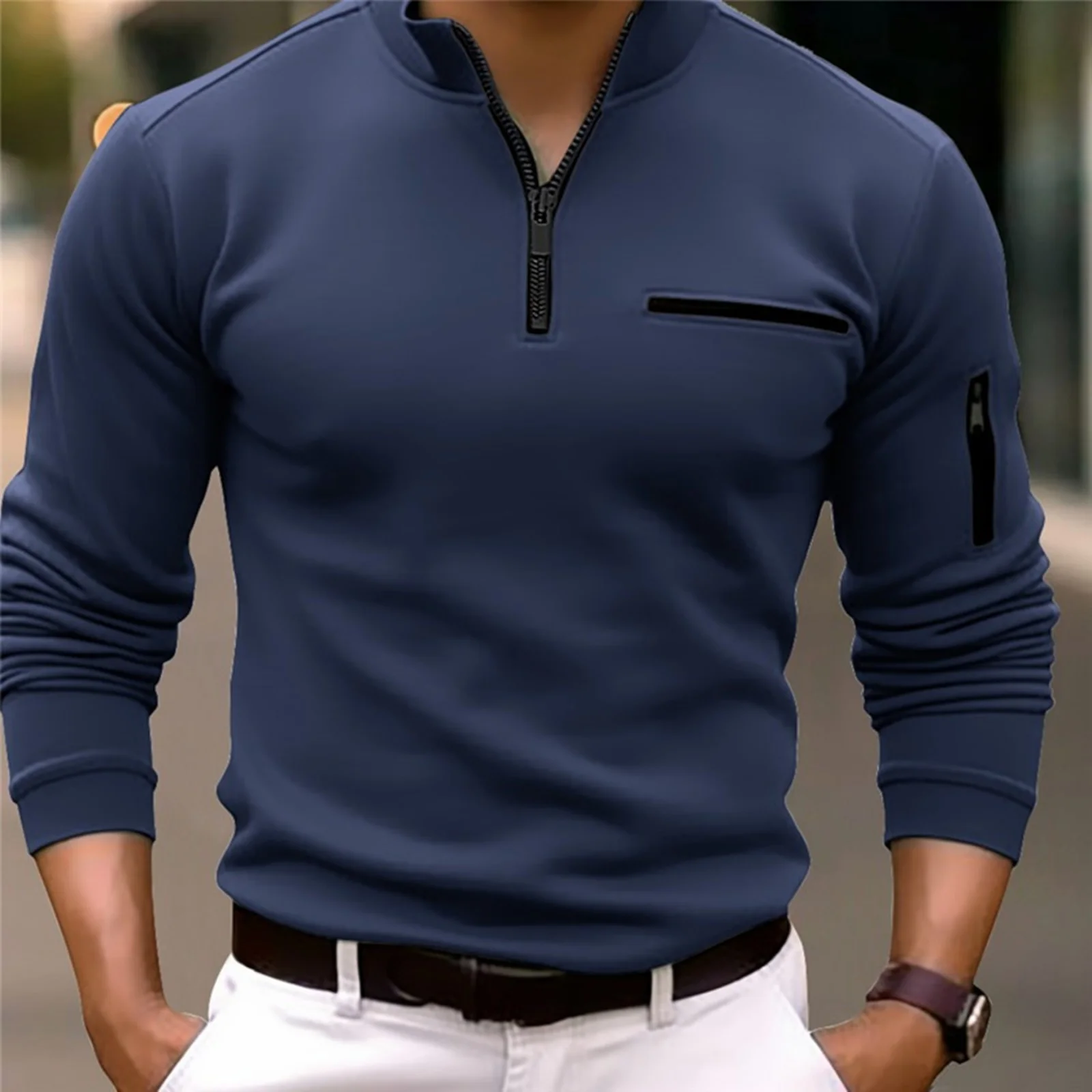 Spring and autumn men sports leisure POLO shirt long sleeve pocket stand collar arm zipper trend solid color new top T-shirt