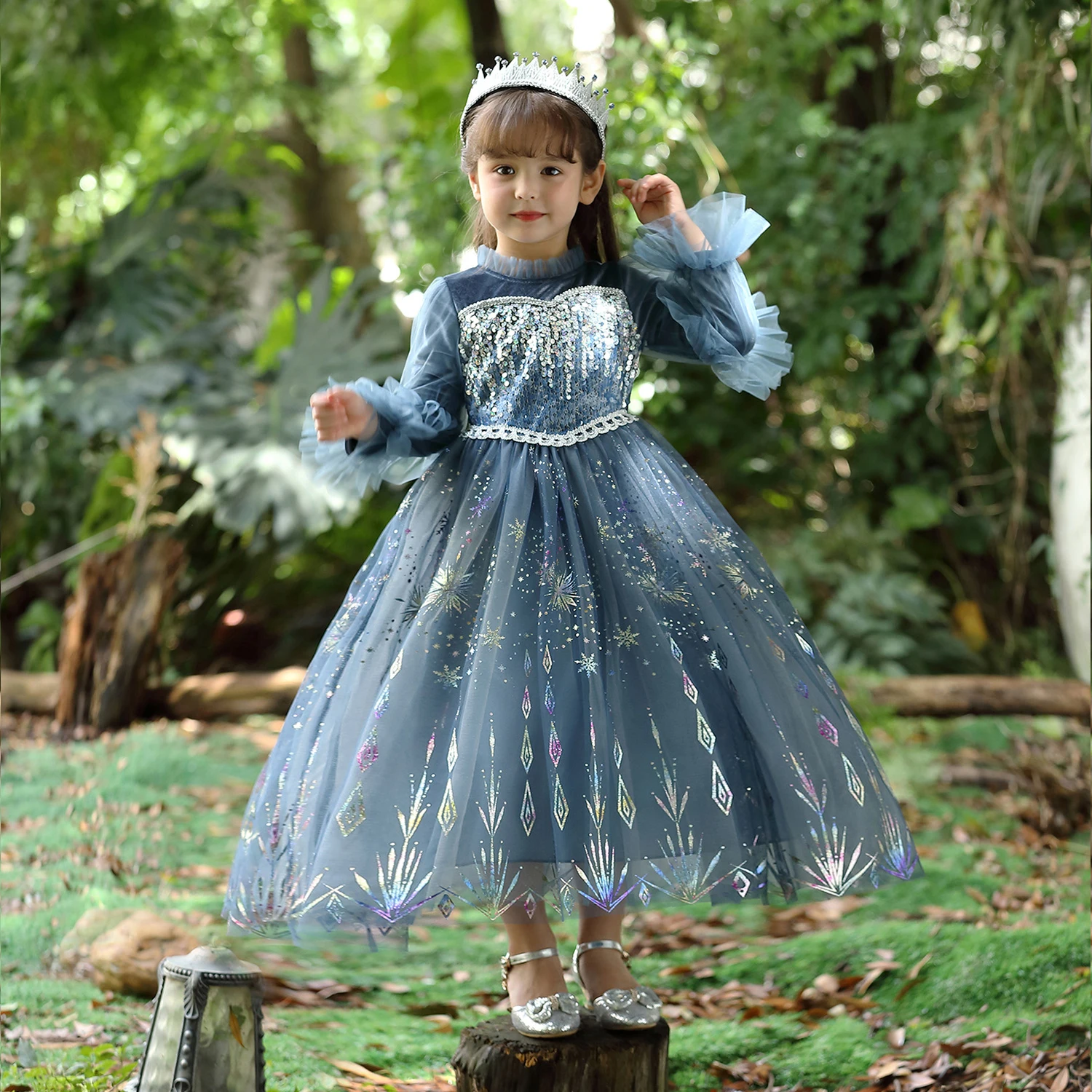 Fashion Lace Sequin Girls Party Dresses Elegant Elsa Same Kid Girl Princess Dress Ruffle Sleeve Children Dresses Long Prom Dress