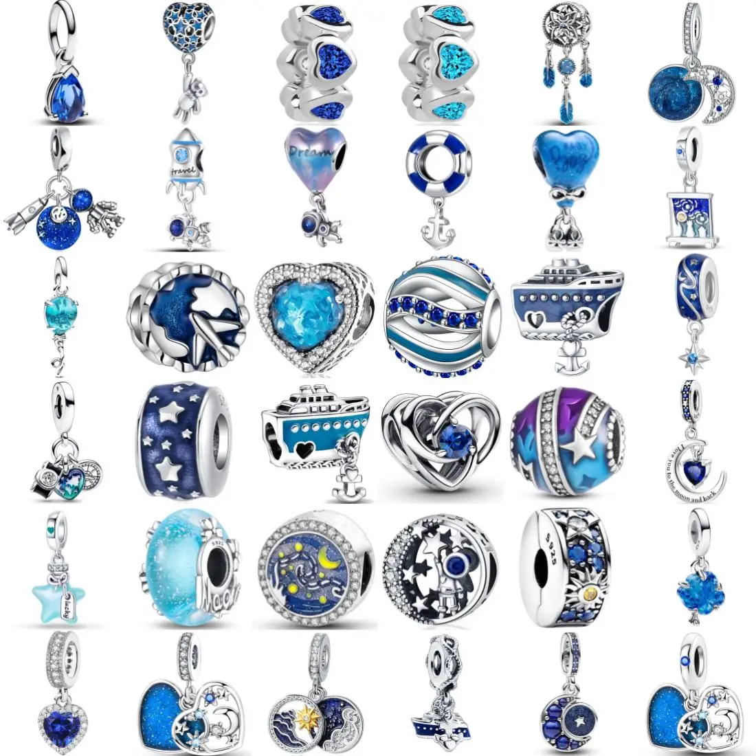 

New Starry Sky Astronaut Dream Blue Zircon For Bracelets Necklace keychain 925 Silver Charms Beads DIY Birthday Jewelry Gift