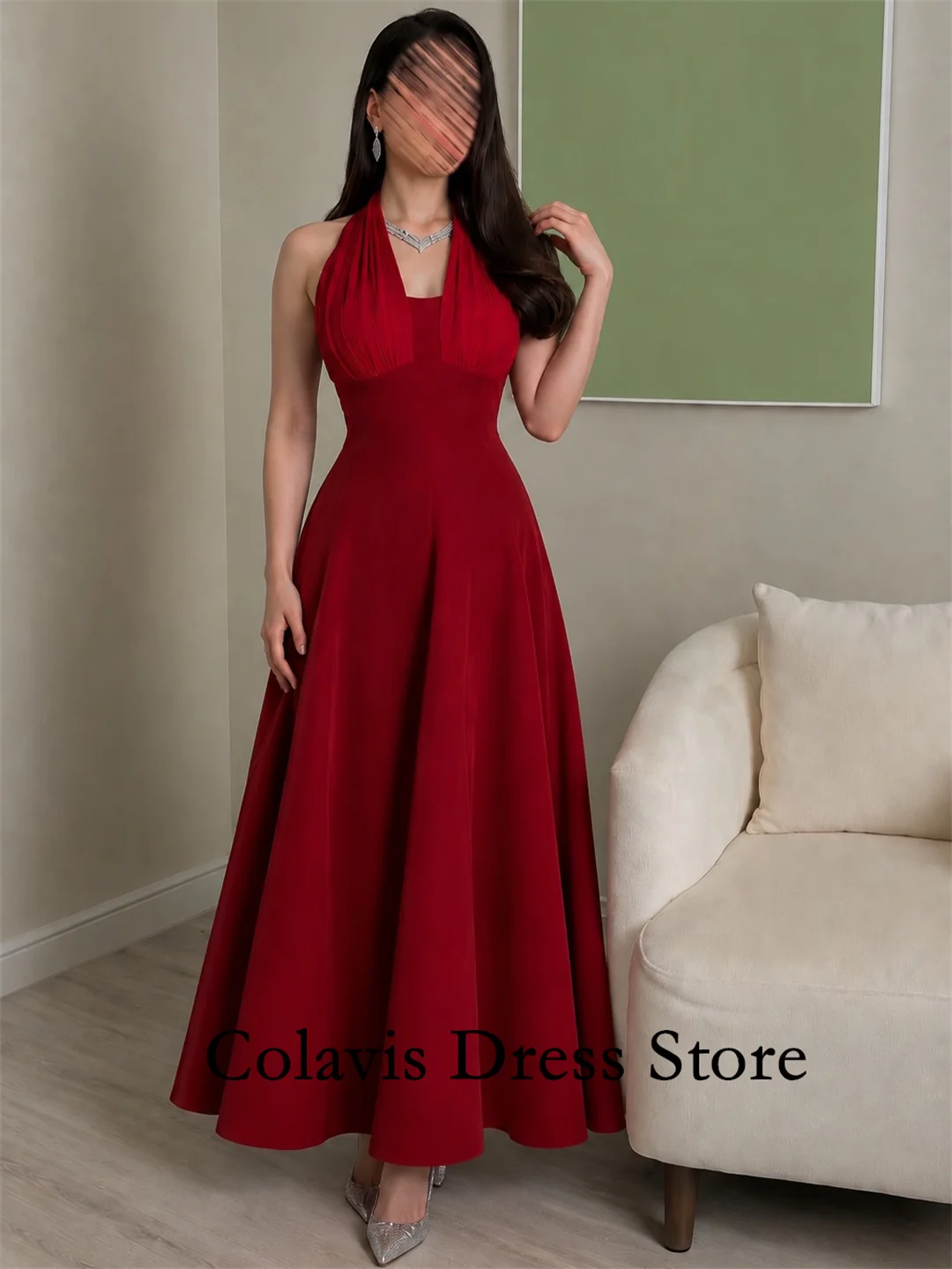 Halter Neck Red Crepe Satin Backless Evening Dress A-Line Ankle‑Length Formal Gown Wedding Guest Prom Party Dress