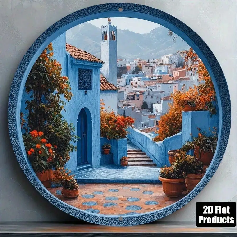 Brand Moroccan Iron Wall Art Blue Cityscape Metal Sign 8x8 Inch Round Colorful Rooftop Garden Decor for Home Cafe Living Room