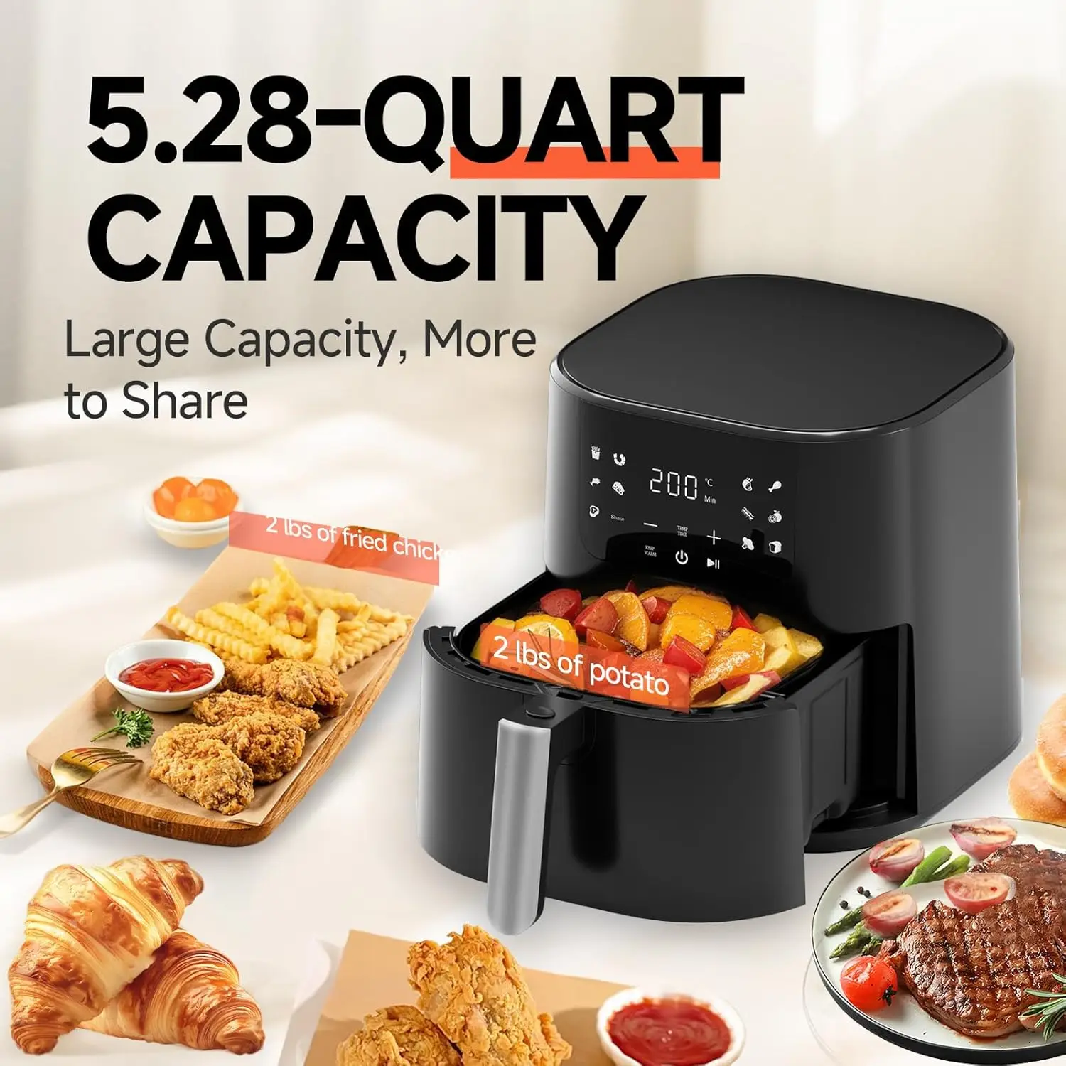Square Air Fryer Oven with Visual Window, 5.28 Quart, 400°F Fast Heating, One-Touch Presets, Auto Shut-Off, Dishwasher-Safe Nons
