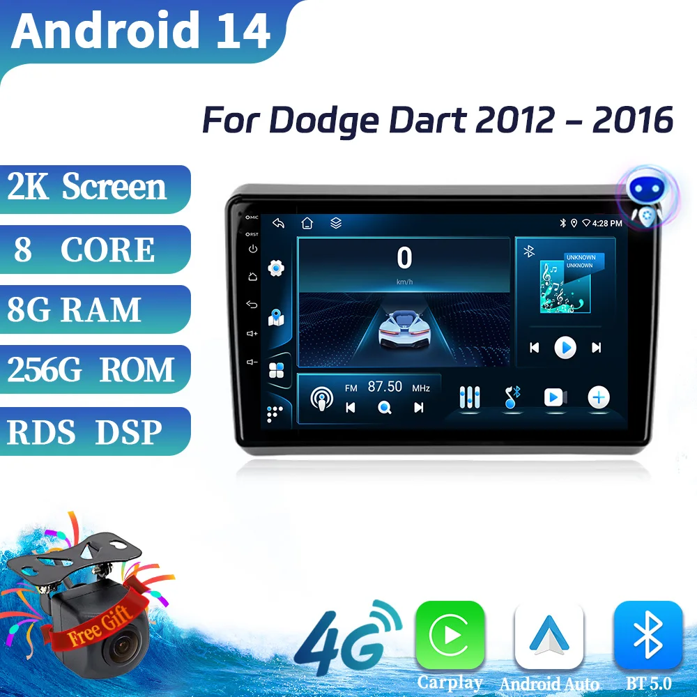 

For Dodge Dart 2012-2016 Android 14 Car Radio Multimedia 5G WIFI 4G GPS Wireless Bluetooth CarPlay Stereo Touch Screen System