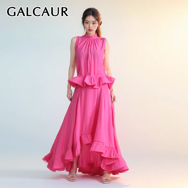 

GALCAUR Spliced Pleated Two Piece Set For Women Round Neck Sleeveless Vest High Waist Patchwork Ruffled Skirt Solid Sets Female