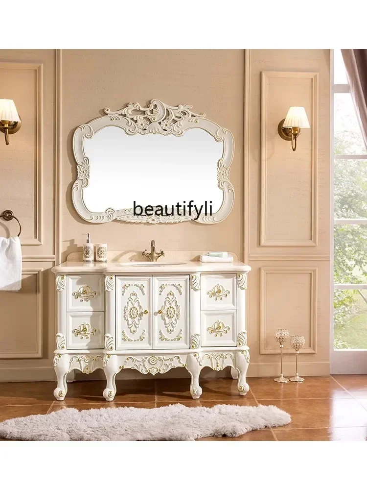 

01Luxury European-Style Bathroom Cabinet Oak Solid Wood Floor-Standing Bathroom Cabinet Bathroom Table Wash Face Wash Ba