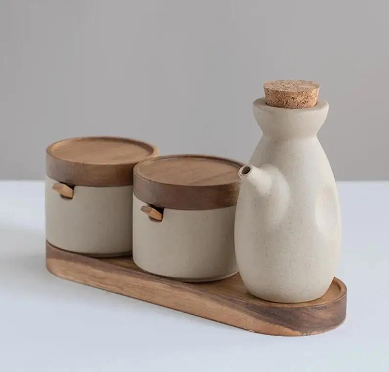 Japanese Kitchen Spice Jar Combination Salt and Pepper Shaker Oil Pot Set Ceramic Seasoning Home Solid Color