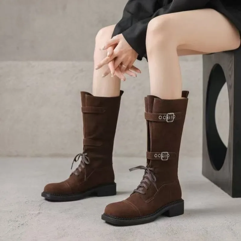 

Autumn Platform Lace Up Knight Boots Round Toe Pull-on Chunky Heels Belt Buckle Knee High Boots Motercycle Boots Plus Size 42 43