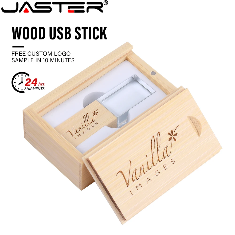 

JASTER Wooden Lid Crystal USB Flash Drive 128GB Free Custom Logo Memory Stick 64GB Photography Studio Pendrive 32GB Wedding Gift