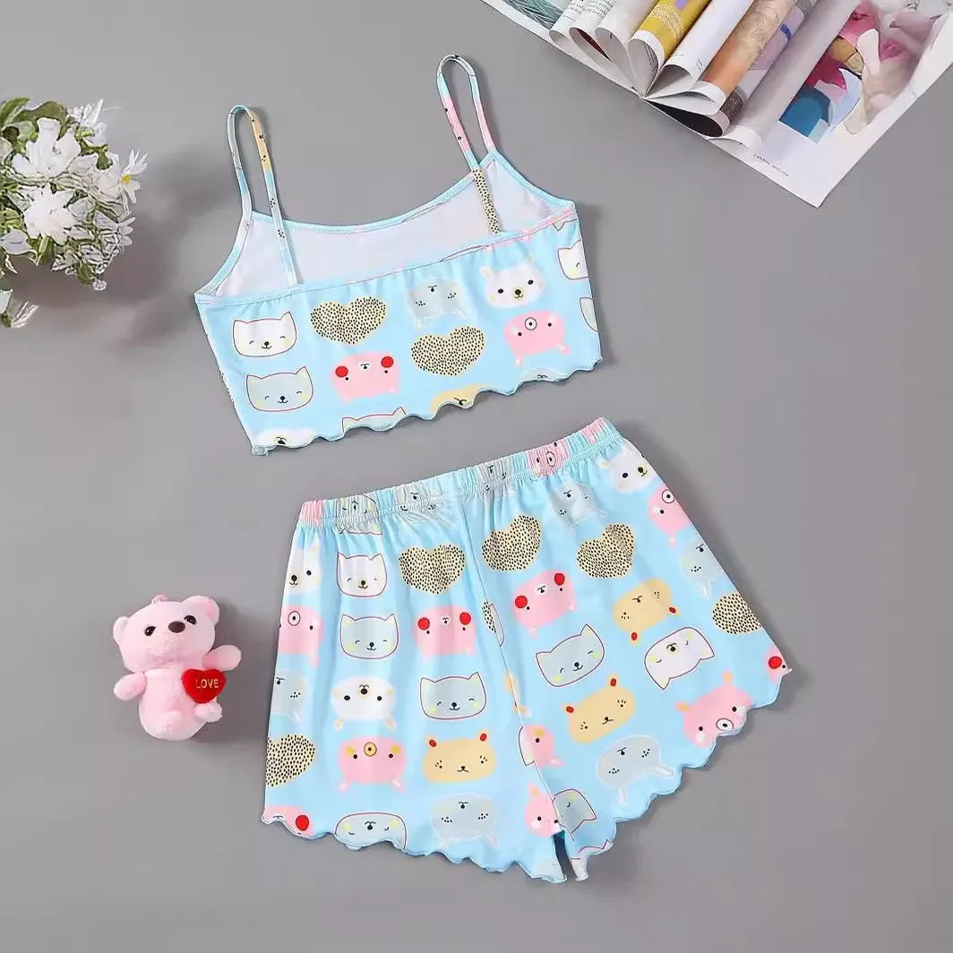 New Style Summer Women Pajamas Set Cute Cat Print Camisole With Shorts Casual Sexy Lovely Nightie Homewear Sleepwear Underwear