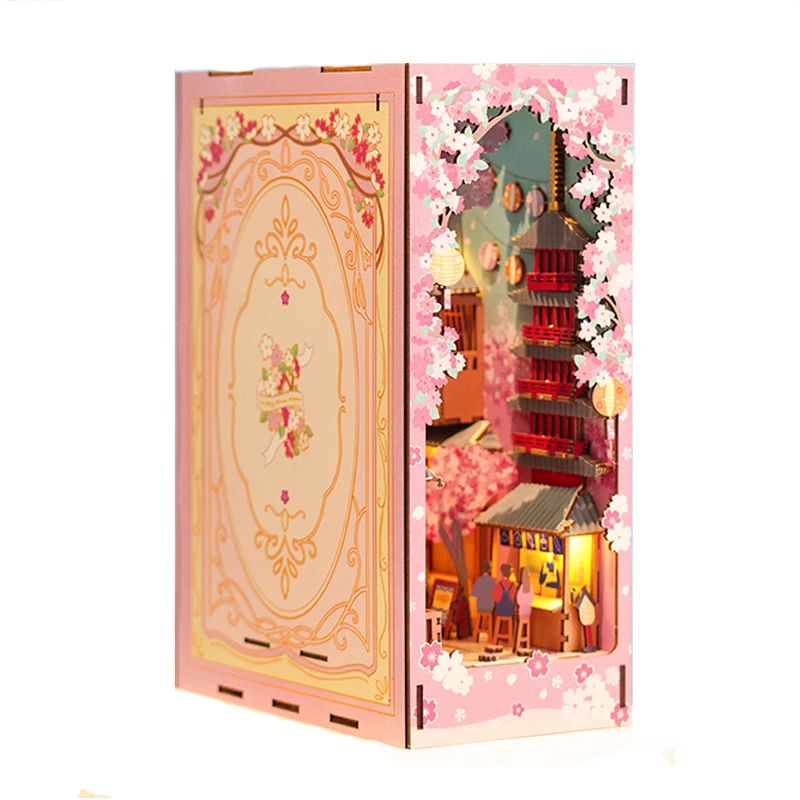 NEW DIY Book Nook Wooden Miniature Model Kit Cherry Blossoms Bookend Assembled 3D Puzzle Bookshelf Home Decor Adults Xmas Gifts