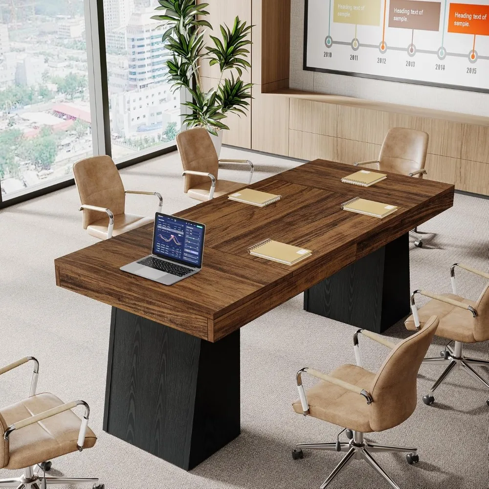 Mały drewniany stół konferencyjny w stylu wiejskim, 55,1 W, dla 4 osób, podwójne nogi trapezowe, idealny do sali konferencyjnej i na symposia.