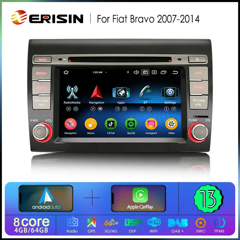 Erisin ES6771F Car Radio For Fiat Bravo Android 13 Multimedia Video Player GPS 4G Carplay Autoradio 2Din IPS Head Unit Stereo BT