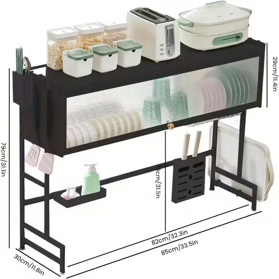Heavy-Duty Over The Sink Dish Rack - Extra Large 33.5" Kitchen Organizer With Cover, 3-Tier Storage Shelf, Utensil Holder 6