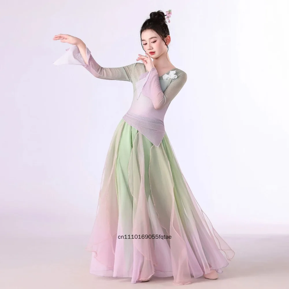 Classical Dance Costume For Girls Kids Elegant Flowy Chiffon Top Children Chinese Style Dance Wear Traditional Practice Outfit