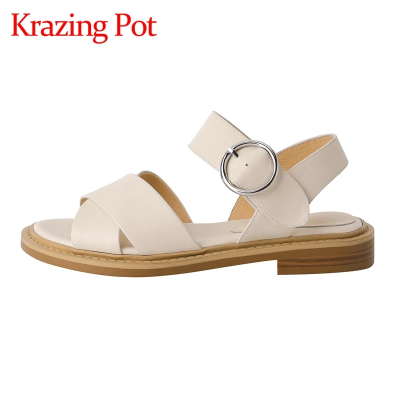 

Krazing Pot Natural Leather Peep Toe Med Heel Concise Style Young Lady Daily Wear Fashion Leisure Cozy Solid Women Sandals L5f5