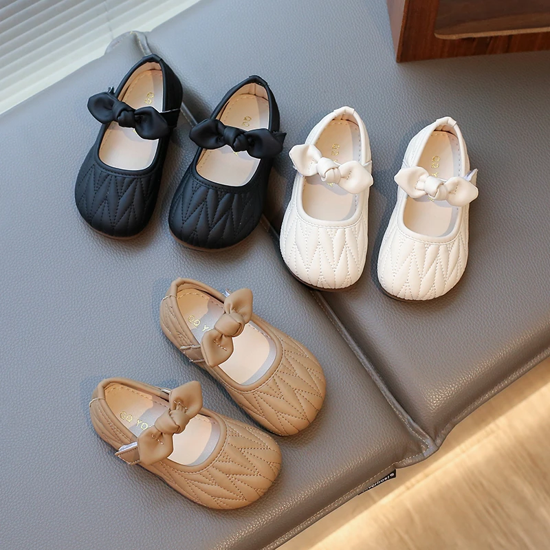 Girls Princess Shoes with Sweet Bow Kids Soild Color PU Leather Soft Sole 2025 New Fashion Korean Children Flat Shoes Non-slip