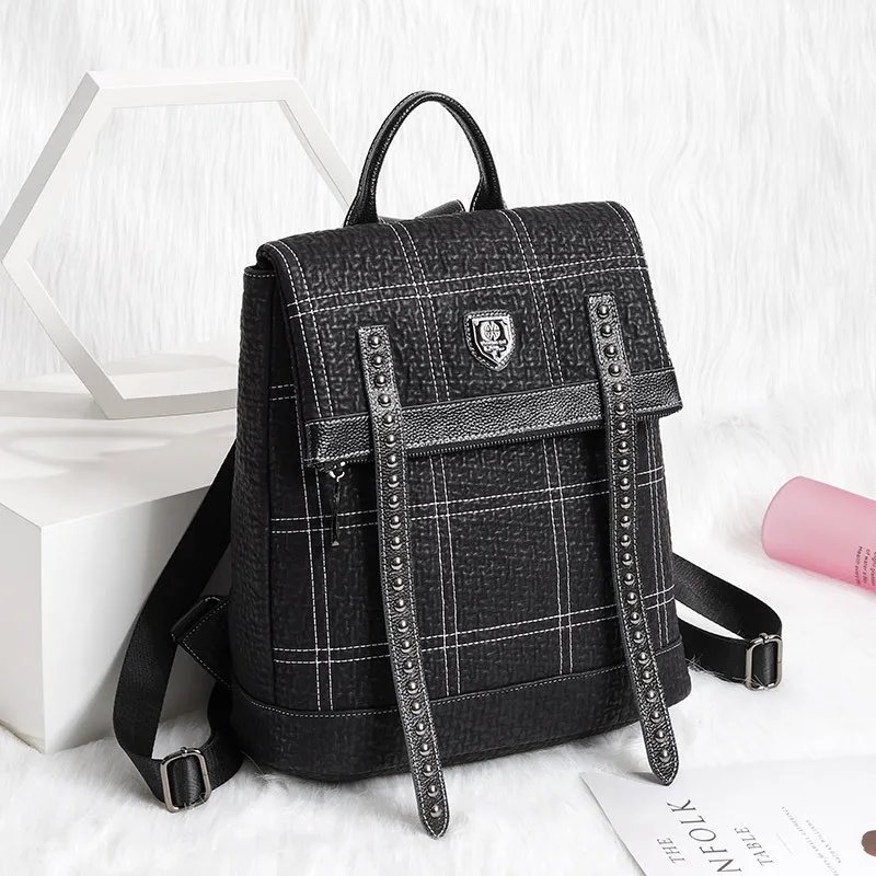 New Trendy Fashion Checkered Backpack Female Leather Large Capacity Casual Travel Bag Luxury Designer Handbag Anti-theft Women's