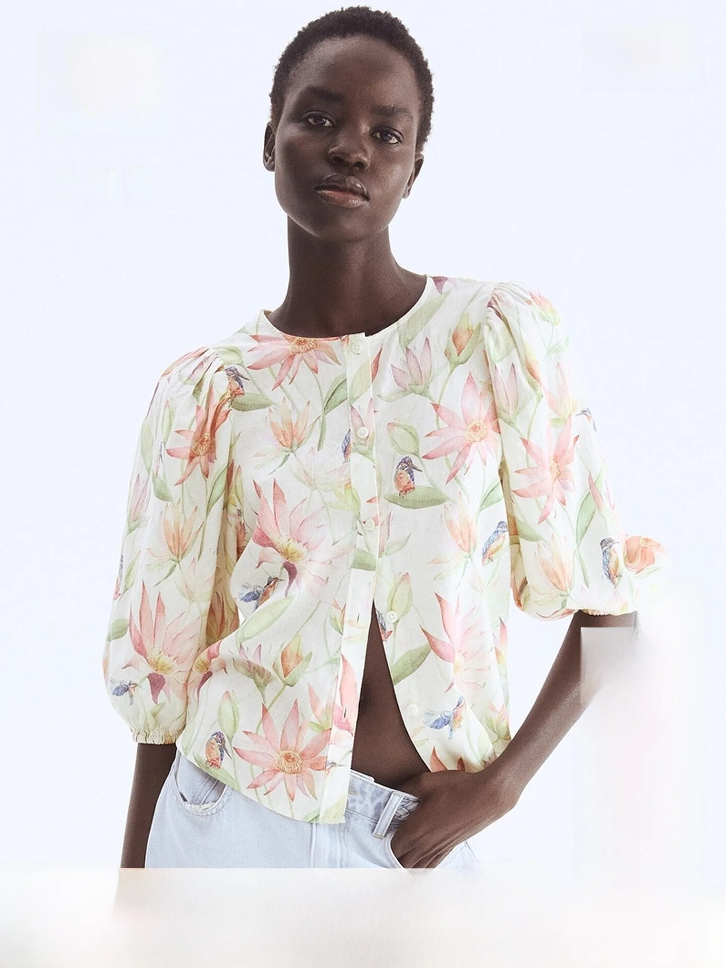 

Женская летняя рубашка свободного кроя H&M из смесового льна с рукавами-фонариками и принтом, повседневная, комфортная, модная, женская блузка