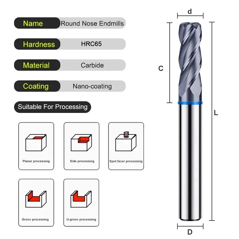 AZZKOR Color-Ring Coating Tungsten Steel Carbide 4F Endmills Round Nose Milling Cutter For CNC Mechanical Tools TGB-HRC65