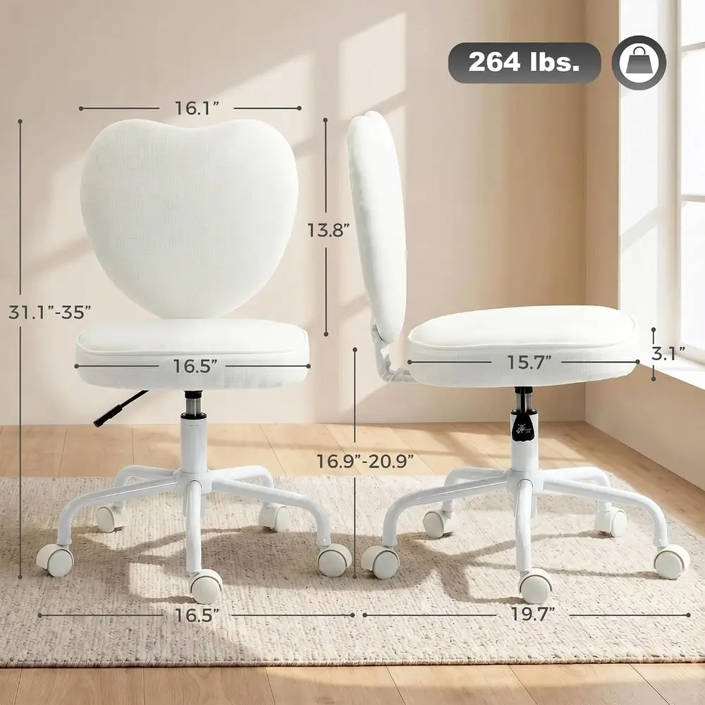Office Chair, Fabric Makeup Vanity Chair with Heart Shape, Swivel Wheels, Height Adjustable, White view 3