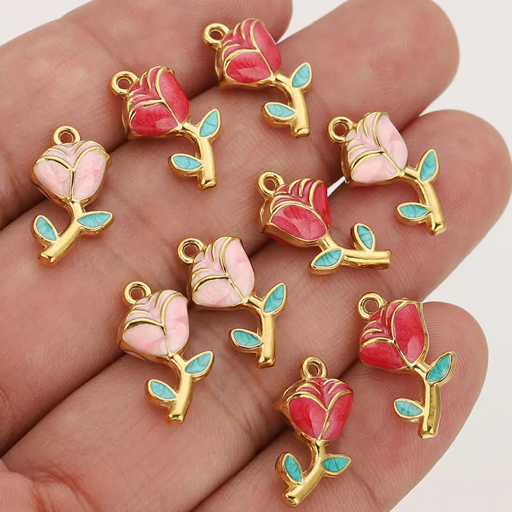

5pcs/lot Stainless Steel Pink Red Enamel 3d Rose Flower Small Charms for DIY Earring Jewelry Making Pendant Supplies Crafts