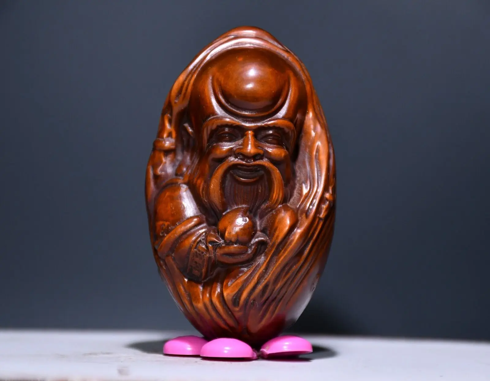 3" Chinese Box-wood Hand Engraving Lovable Longevity God Statue