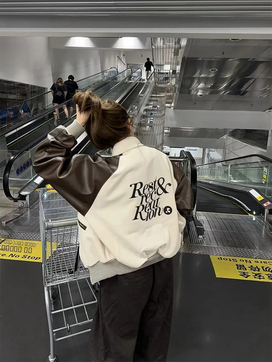 PEACHZHOU Veste en cuir colorée coupe ample style baseball rétro coréen pour femme, manteau coupe-vent à manches longues avec fermeture éclair