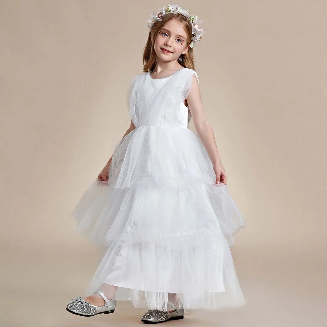 YZYmanualroom Princess Style Sleeveless Layered Cake Flower Girls Dress 2-15T