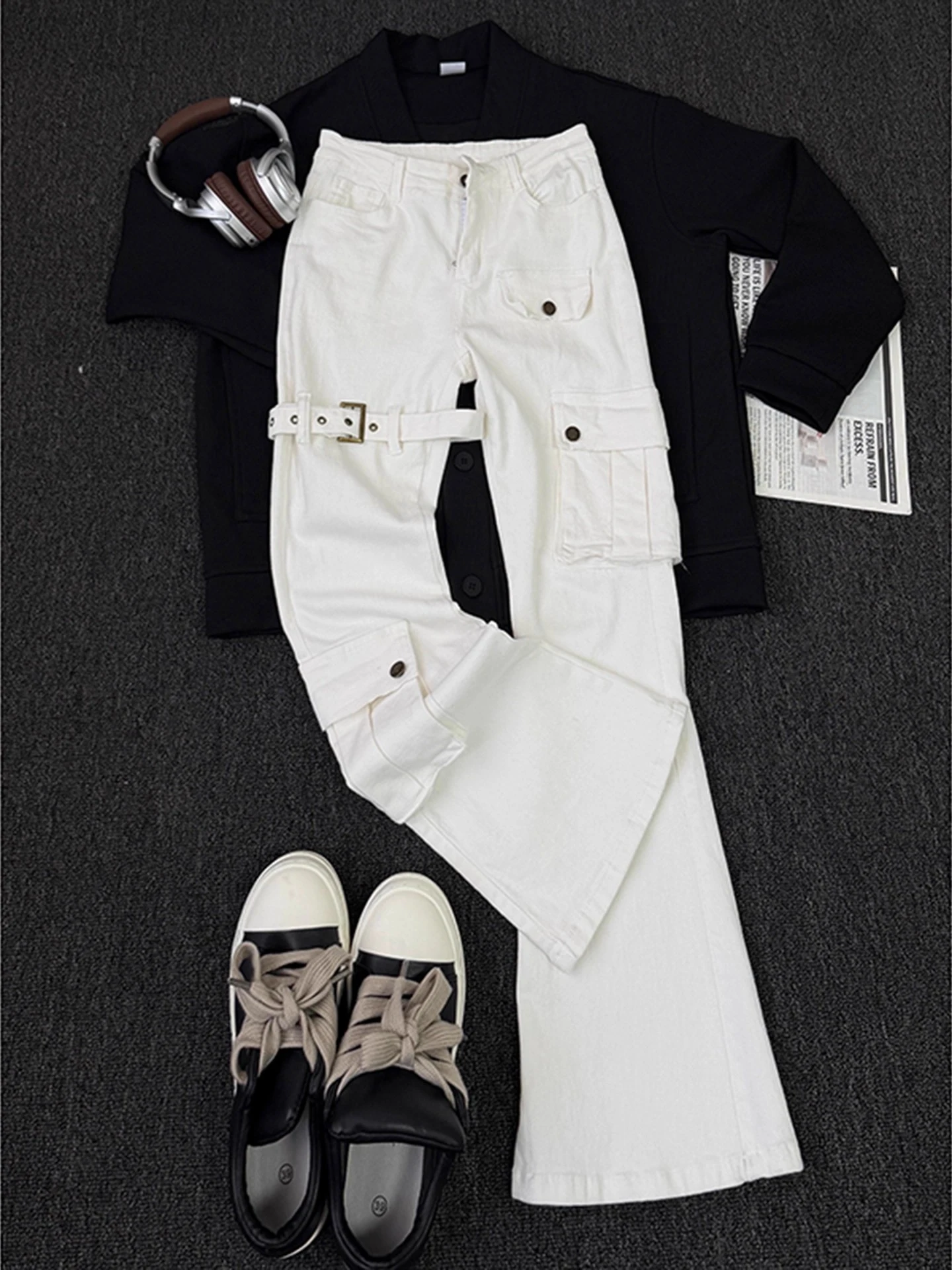 

White Belted Vibe Men's Jeans Workwear Pants High Street Trendy Brand Straight Leg Elastic Slim Flared Pants Casual Wear